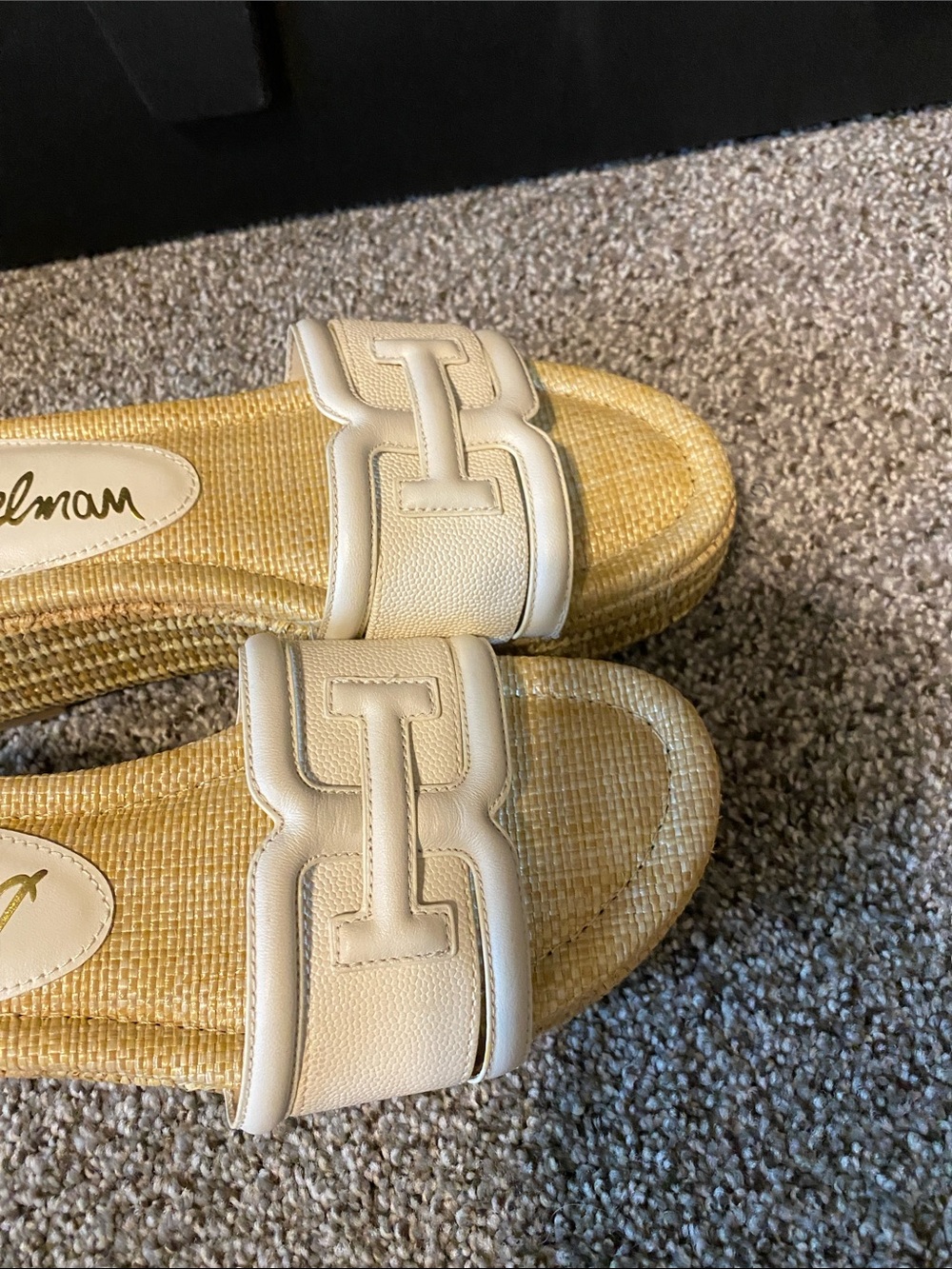 Sam Edelman White Leather Raffia Platform Slides - Picture 9 of 10